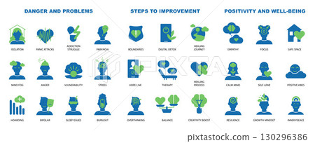 Icon set about mental health from problems to solutions in a vector illustration Icon set about mental health from problems to solutions in a vector illustration 130296386