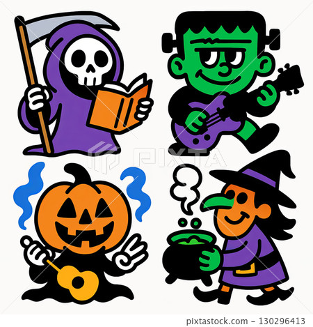 Grim reaper Frankenstein pumpkin witch cartoon Halloween guitar cauldron cheerful 130296413
