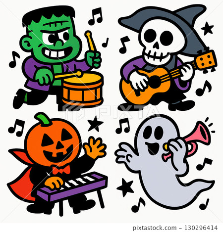 Cartoon monster, skeleton, pumpkin, ghost play music together, joyful Halloween band scene 130296414
