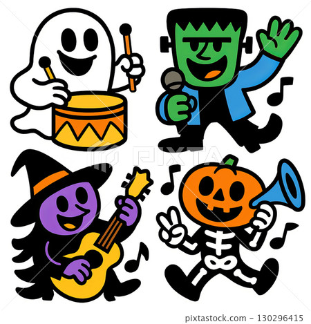 Cartoon ghost drum, Frankenstein sing, witch guitar, pumpkin skeleton trumpet, joyful music 130296415