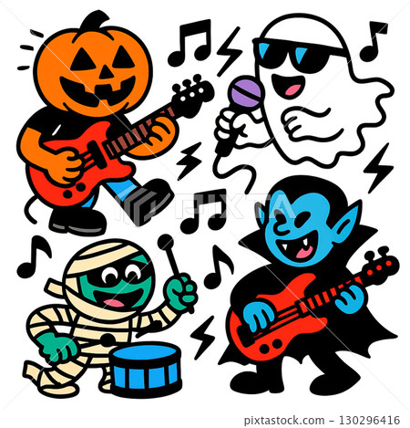 Halloween band cartoon pumpkin head ghost mummy vampire playing music joyful colorful 130296416