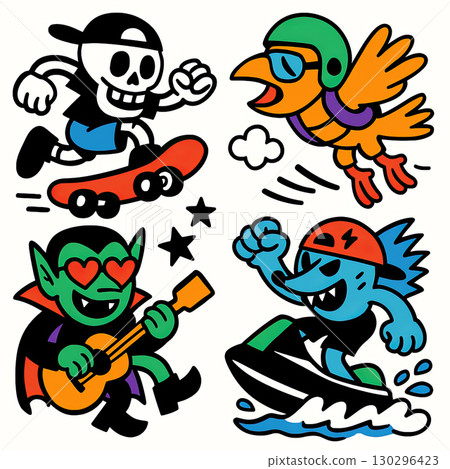 Skateboard skeleton, flying bird, vampire playing guitar, and blue creature jet ski cartoon style 130296423