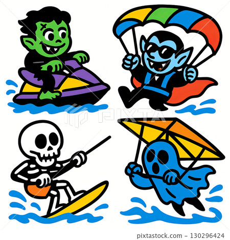 Cartoon monster vampire skeleton ghost water sport jet ski parasailing surfing hang gliding 130296424