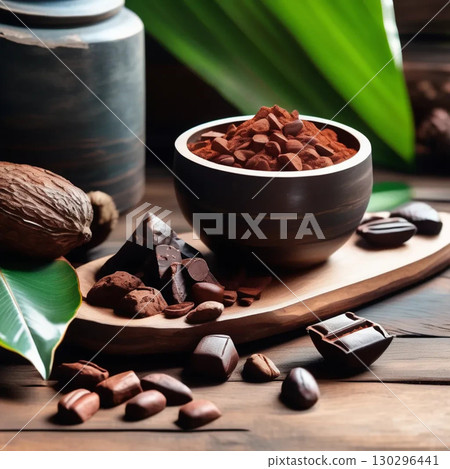 cocoa beans with chocolate 130296441