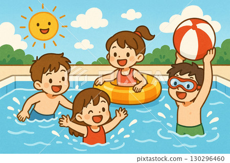 孩子們在夏季泳池玩耍 孩子們在夏季泳池玩耍 130296460