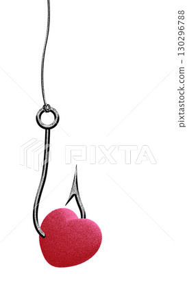 Digital artwork. Red heart symbol caught on sharp fishing hook isolated on white 130296788