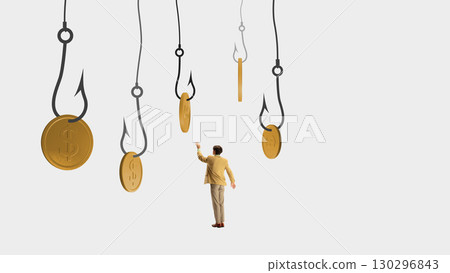 Minimalist pop art collage. Man in suit reaching for golden coins on hooks Minimalist pop art collage. Man in suit reaching for golden coins on hooks 130296843