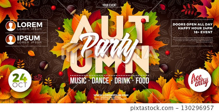 Autumn Party Banner Illustration with Falling Leaves and Fall Festival Typography Lettering on Hand Drawn Doodle Background. Vector Colorful Autumnal Design for Celebration Flyer, Invitation or 130296957