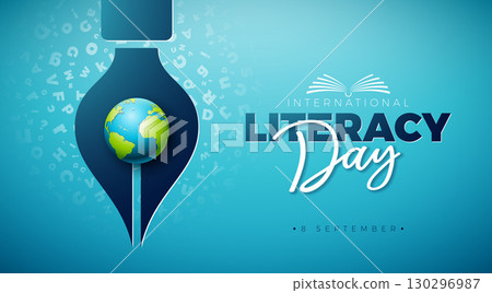 International Literacy Day Banner Illustration with Typography Lettering, Pen and Earth Globe on Blue Flying Alphabet Background. Vector Education, Learning and Knowledge Design for Greeting Card International Literacy Day Banner Illustration with Typography Lettering, Pen and Earth Globe on Blue Flying Alphabet Background. Vector Education, Learning and Knowledge Design for Greeting Card 130296987