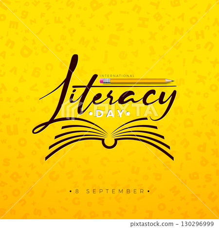 International Literacy Day Banner Design with Open Book Symbol, Typography Lettering and Pencil on Yellow Flying Alphabet Background. Vector Education, Learning and Knowledge Illustration with International Literacy Day Banner Design with Open Book Symbol, Typography Lettering and Pencil on Yellow Flying Alphabet Background. Vector Education, Learning and Knowledge Illustration with 130296999