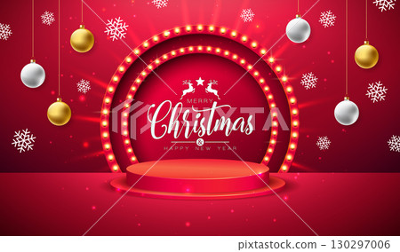 Merry Christmas and Happy New Year Greeting Card Banner with Light Bulb Billboard, Podium and Ornamental Ball on Red Background. Vector Holiday Season Design with Decoration Elements and Typography Merry Christmas and Happy New Year Greeting Card Banner with Light Bulb Billboard, Podium and Ornamental Ball on Red Background. Vector Holiday Season Design with Decoration Elements and Typography 130297006