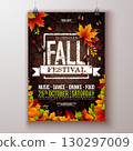 Autumn Fall Festival Party Flyer Illustration with Falling Leaves and Typography Lettering on Hand Drawn Doodle Background. Vector Colorful Autumnal Design for Celebration Flyer, Banner, Invitation or 130297009