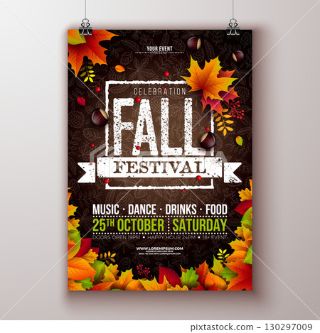 Autumn Fall Festival Party Flyer Illustration with Falling Leaves and Typography Lettering on Hand Drawn Doodle Background. Vector Colorful Autumnal Design for Celebration Flyer, Banner, Invitation or 130297009
