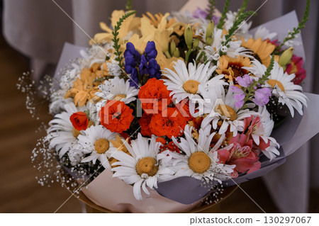 Vibrant Mixed Flower Bouquet Arrangement with Sunflowers, Daisies, Roses, Lilacs, and Baby's Breath, Colorful Floral Gift. 130297067