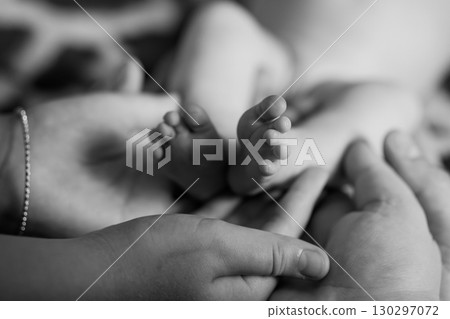 Tender Moment: Close-Up of a Parent's Hand Holding a Newborn Baby's Feet, Black and White, Soft Focus, Love, Family Connection, New Life Tender Moment: Close-Up of a Parent's Hand Holding a Newborn Baby's Feet, Black and White, Soft Focus, Love, Family Connection, New Life 130297072