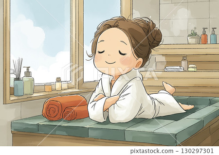 美優系列：在繪本風格的三溫暖裡休息的女人 130297301