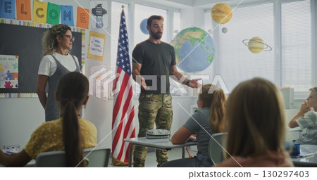 American Military Man Giving Lecture to Curious Primary School Students About Discipline and Army American Military Man Giving Lecture to Curious Primary School Students About Discipline and Army 130297403