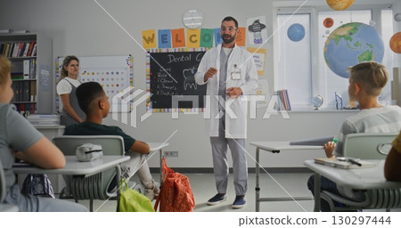 Children Listening to Dentist During Health and Hygiene Lesson at Elementary School 130297444