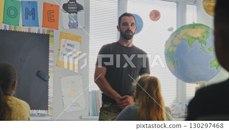 Military Officer Visiting Classroom, Speaking to Curious Students About Military Science and Discipline Military Officer Visiting Classroom, Speaking to Curious Students About Military Science and Discipline 130297468