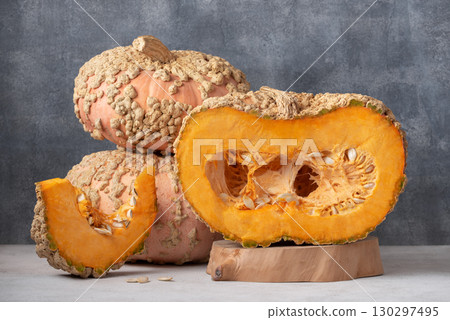 Cut Galeux D Eysines Pumpkin Showing Flesh And Seeds Cut Galeux D Eysines Pumpkin Showing Flesh And Seeds 130297495