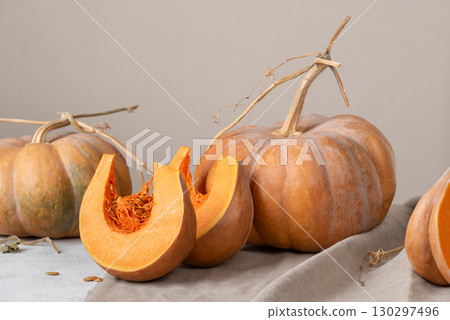 Cut Muscade de Provence Pumpkin Showing Flesh 130297496