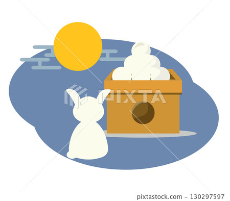 A rabbit watching the moon with moon-viewing dumplings. Full moon, harvest moon. Vector illustration 130297597