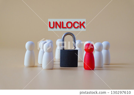 wood figures a round key pad ,business concept. 130297610