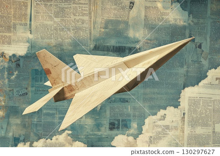 Paper Airplane Soaring Through Artistic Collage Background Paper Airplane Soaring Through Artistic Collage Background 130297627