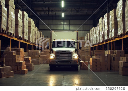 White Truck in Industrial Warehouse Setting White Truck in Industrial Warehouse Setting 130297628