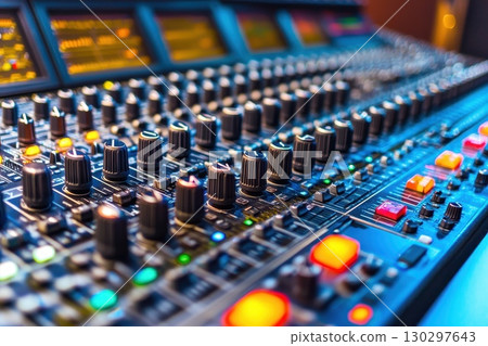 A large sound board with many knobs and buttons 130297643