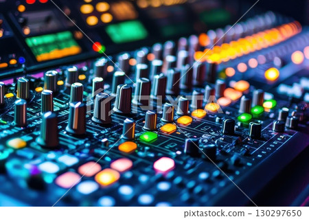 A colorful array of buttons and knobs on a sound board 130297650