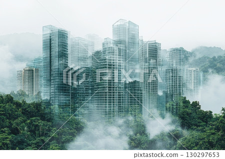 A cityscape with tall buildings and a foggy atmosphere A cityscape with tall buildings and a foggy atmosphere 130297653
