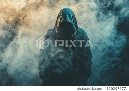A person is standing in a foggy, misty atmosphere A person is standing in a foggy, misty atmosphere 130297677