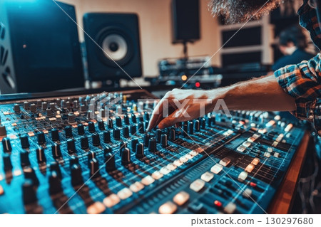 A man is working on a soundboard with a hand on a knob A man is working on a soundboard with a hand on a knob 130297680