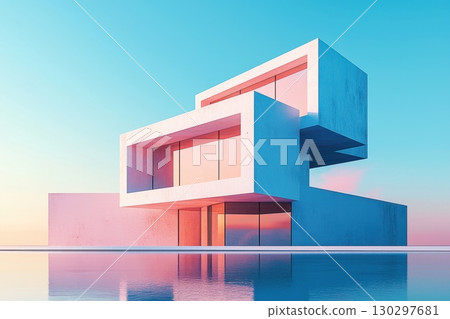 A white house with a blue pool in front of it A white house with a blue pool in front of it 130297681