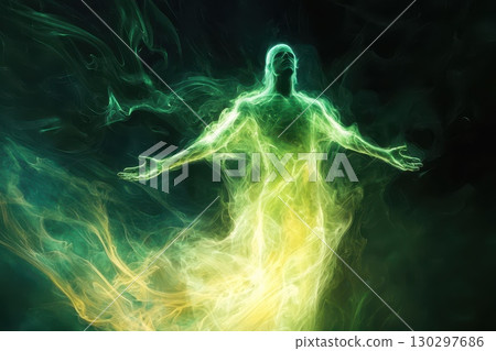 A green and yellow figure with arms outstretched is floating in a green A green and yellow figure with arms outstretched is floating in a green 130297686