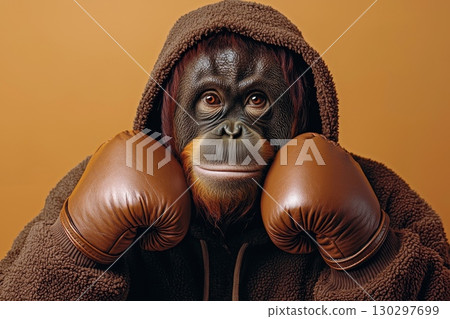 Wise Orangutan in Brown Leather Boxing Gloves Wise Orangutan in Brown Leather Boxing Gloves 130297699