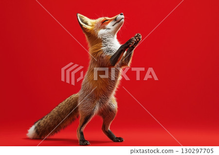 A stylish fox strikes a mid pose against a vibrant red background A stylish fox strikes a mid pose against a vibrant red background 130297705