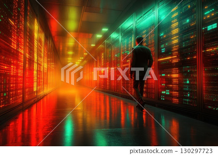 A man walks through a long hallway with neon lights 130297723