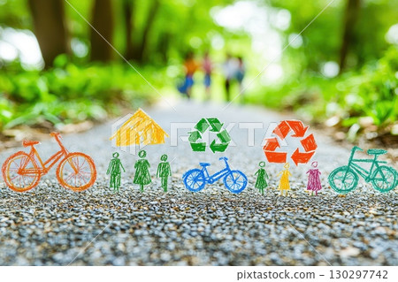 A group of people are shown on a path with a variety of bicycles and other items A group of people are shown on a path with a variety of bicycles and other items 130297742