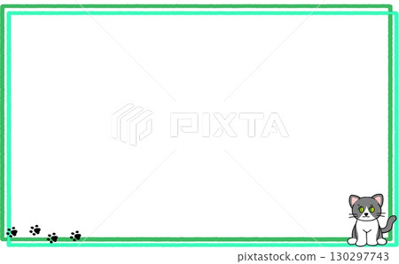 A cute sitting cat and its footprints! A simple and stylish green frame. 130297743