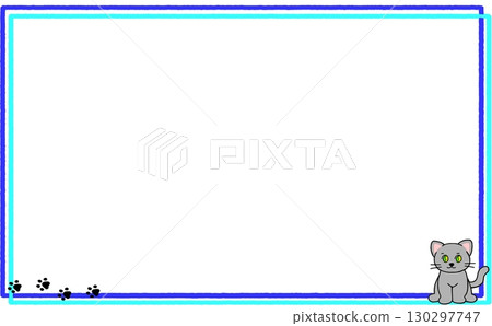 一隻可愛的灰貓坐著，還有它的腳印！簡約時尚的藍色畫框。 130297747