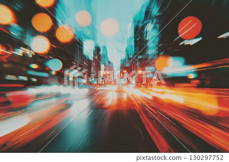 A blurry city street with cars and lights 130297752