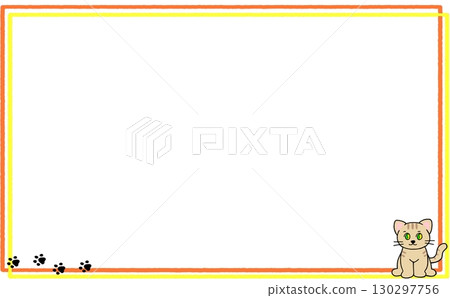 A cute sitting tabby cat and its footprints! A simple and stylish yellow frame 130297756