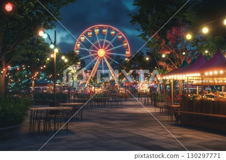 A carnival with a Ferris wheel and a lot of lights 130297771