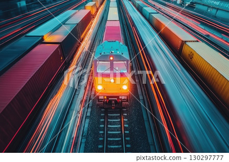 Vibrant High-Speed Freight Train in Motion, logistics and dynamic movement of cargo containers at night 130297777