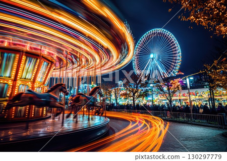 Spinning Carousel with Colorful Lights at Night, conveying the joy of amusement parks Spinning Carousel with Colorful Lights at Night, conveying the joy of amusement parks 130297779