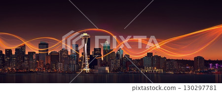 A city skyline with a large wave of light and a cityscape in the background A city skyline with a large wave of light and a cityscape in the background 130297781