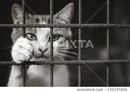 Stray Cat Behind Bars in Black and White 130297808
