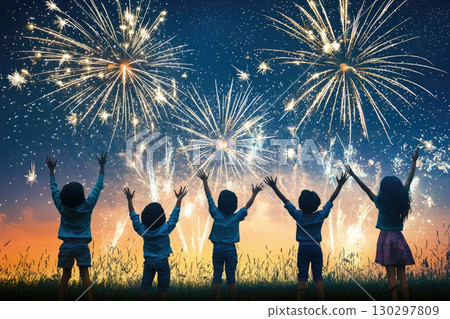 A group of children are standing in a field and watching fireworks 130297809